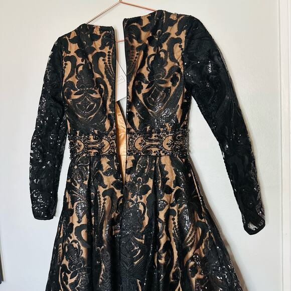 MAC DUGGAL Black Nude Sequin Lace Burnout Embellished A-Line Dress Size 4 NWT - Picture 16 of 16